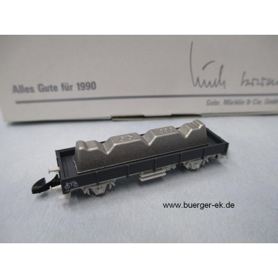 Märklin Niederbordwagen grau!, Jahreswagen 1990, beladen mit Metallbarren, Karton mit Aufschrift Alles Gute für 1990