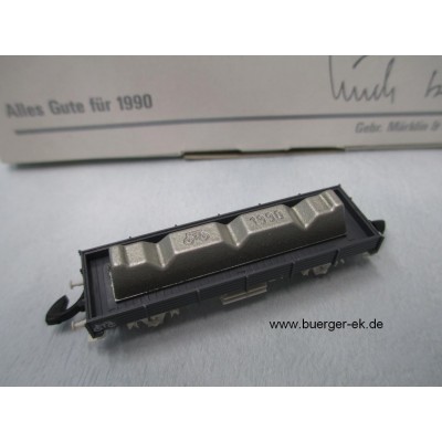 Märklin Niederbordwagen grau!, Jahreswagen 1990, beladen mit Metallbarren, Karton mit Aufschrift Alles Gute für 1990